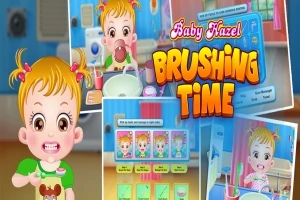 Niña rubia con coletas aprendiendo a cepillarse los dientes rodeada de elementos coloridos y juguetes en un baño