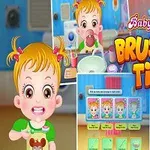 Niña rubia con coletas aprendiendo a cepillarse los dientes rodeada de elementos coloridos y juguetes en un baño