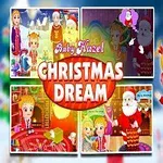 Niña rubia con orejeras rojas y Santa Claus en un ambiente festivo navideño con imágenes de actividades navideñas