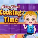 Niña sonriente en una cocina colorida con gabinetes morados y alimentos sobre la mesa