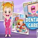 Niña sonriente de pijama rosa junto a imágenes de cuidado dental con fondo morado y texto grande en el centro que dice Dental Care