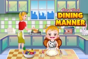 Una niña rubia sonriente sentada a la mesa con un plato frente a ella y una mujer cocinando en una cocina colorida