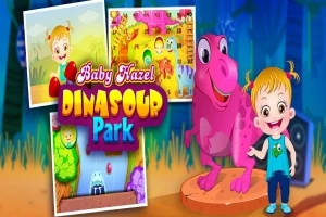 Niña sonriente junto a un dinosaurio rosado con letrero de Dinosaur Park y varias imágenes coloridas de fondo