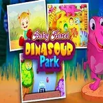 Niña sonriente junto a un dinosaurio rosado con letrero de Dinosaur Park y varias imágenes coloridas de fondo