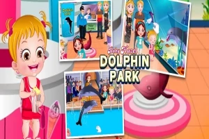 Niña rubia con coletas sosteniendo una estrella de mar junto a imágenes de acuarios y delfines, con la frase Dolphin Park