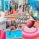 Niña rubia con coletas sosteniendo una estrella de mar junto a imágenes de acuarios y delfines, con la frase Dolphin Park