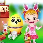Niña con orejas de conejo, rodeada de animales y huevo de Pascua colorido