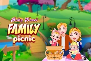 Familia de dibujos animados disfrutando de un picnic con una cesta sobre una mesa al aire libre