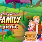 Familia de dibujos animados disfrutando de un picnic con una cesta sobre una mesa al aire libre