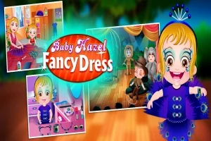 Niña vestida de azul con accesorios a juego y fotos pequeñas de escenarios y objetos