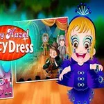 Niña vestida de azul con accesorios a juego y fotos pequeñas de escenarios y objetos