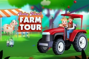 Niña y hombre en un tractor rojo frente a un letrero con una vaca en un fondo de granja