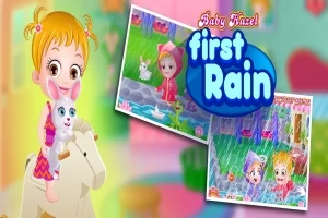 Niña rubia jugando con un conejo de peluche al lado de carteles con escenas de niños bajo la lluvia