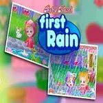 Niña rubia jugando con un conejo de peluche al lado de carteles con escenas de niños bajo la lluvia