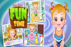 Niña rubia con coletas en un fondo azul, rodeada de imágenes pequeñas de actividades de juego y baño