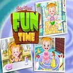 Niña rubia con coletas en un fondo azul, rodeada de imágenes pequeñas de actividades de juego y baño