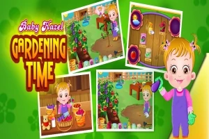Personaje infantil con ropa de jardinería y tres escenas de jardín en un fondo verde