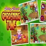 Personaje infantil con ropa de jardinería y tres escenas de jardín en un fondo verde