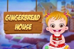 Niña sonriente con vestido rojo junto a un letrero que dice Gingerbread House sobre un fondo colorido