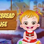 Niña sonriente con vestido rojo junto a un letrero que dice Gingerbread House sobre un fondo colorido