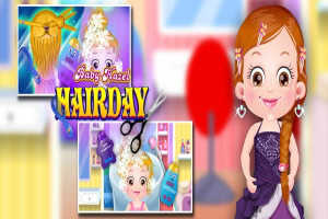 Niña sonriente con trenza en un vestido morado frente a imágenes de peluquería de dibujos animados y herramientas de estilista
