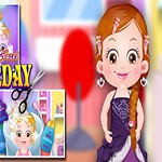 Niña sonriente con trenza en un vestido morado frente a imágenes de peluquería de dibujos animados y herramientas de estilista