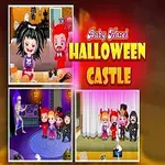 Niña disfrazada de diablillo junto a imágenes en miniatura de una fiesta de Halloween con niños en disfraces