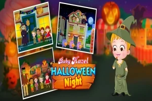 Niña disfrazada de bruja junto a un collage de imágenes de temática de Halloween con luces y calabazas