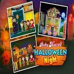 Niña disfrazada de bruja junto a un collage de imágenes de temática de Halloween con luces y calabazas