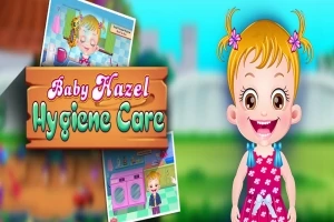 Niña sonriente con vestido rosa y coletas, junto a un letrero colorido que dice Hygiene Care y algunas imágenes pequeñas de actividades detrás