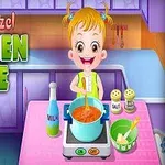 Niña rubia cocinando en una cocina colorida, con una olla azul y botellas en la mesa