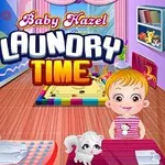 Niña pequeña y mujer planchando ropa en una habitación colorida con un cachorro blanco