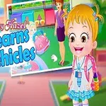 Niña rubia sonriente con uniforme escolar y mochila delante de imágenes de actividades en el parque y en casa