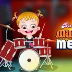Niña sonriente tocando una batería con fondo colorido y texto decorativo