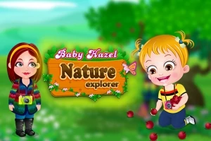 Dos personajes infantiles, uno recogiendo manzanas y otro con una cámara, sobre un fondo de naturaleza con un letrero al centro