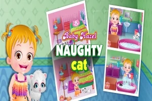 Niña pequeña sonriendo sosteniendo a un gato blanco, con varias escenas en miniatura de un baño y actividades con un gato en el fondo
