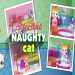 Niña pequeña sonriendo sosteniendo a un gato blanco, con varias escenas en miniatura de un baño y actividades con un gato en el fondo