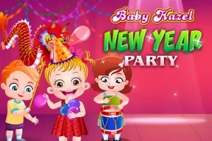 Niños celebrando una fiesta de Año Nuevo con globos, un tambor y un dragón decorativo en un fondo colorido