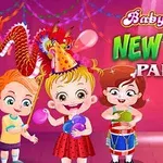 Niños celebrando una fiesta de Año Nuevo con globos, un tambor y un dragón decorativo en un fondo colorido