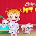 Una niña pequeña sostiene un cachorro blanco rodeada de otros animales, como gatos y un loro, con un fondo rojo vibrante y colorido