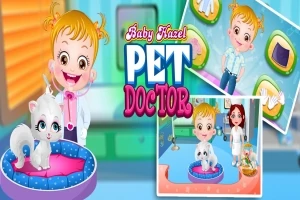Niña pequeña con cabello rubio junto a un gato blanco esponjoso en una clínica veterinaria colorida