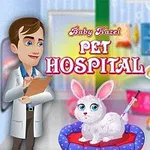 Un doctor y una niña sonriente observan a un conejo blanco con vendajes en una clínica veterinaria colorida