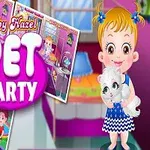 Niña rubia con coletas y vestido azul sostiene un gatito blanco, con un colorido fondo de imágenes pequeñas y el texto Pet Party