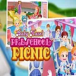 Niña pequeña en uniforme escolar de pie junto al título, con imágenes de niños en un aula y en un autobús escolar al fondo