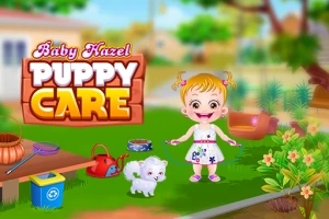 Niña pequeña sonriente en un jardín con un cachorro blanco