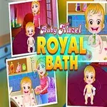 Collage de imágenes mostrando a una niña pequeña en diferentes escenas de baño, vestida con una corona y tutú rosa, junto a un título colorido