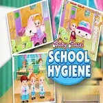 Niña rubia sonriente en un aula con imágenes pequeñas de niños jugando en la escuela y el texto School Hygiene