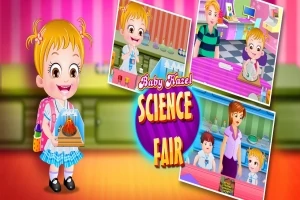 Niña rubia sonriente con mochila y maqueta de volcán, junto a collages de imágenes de feria de ciencias