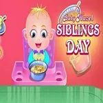 Niños sonrientes en un entorno colorido con comida y el texto Siblings Day