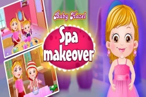 Niña rubia con vestido rosa sonriente junto a un cartel que dice Baby Hazel Spa Makeover y dos imágenes pequeñas de actividades de spa